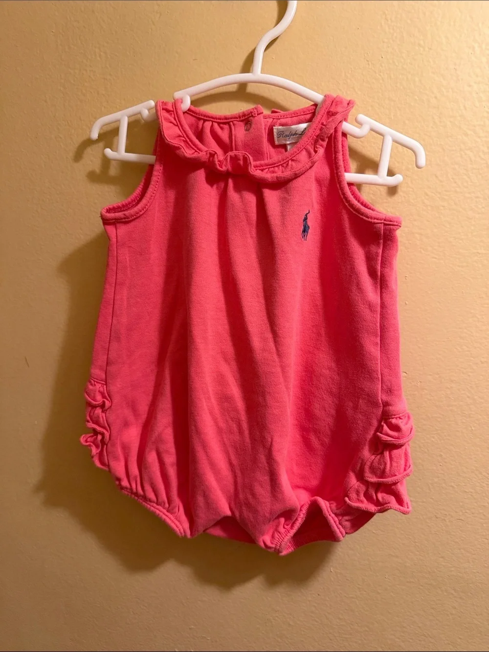 Ralph Lauren Coral Pink Ruffle Bubble Romper - Girls